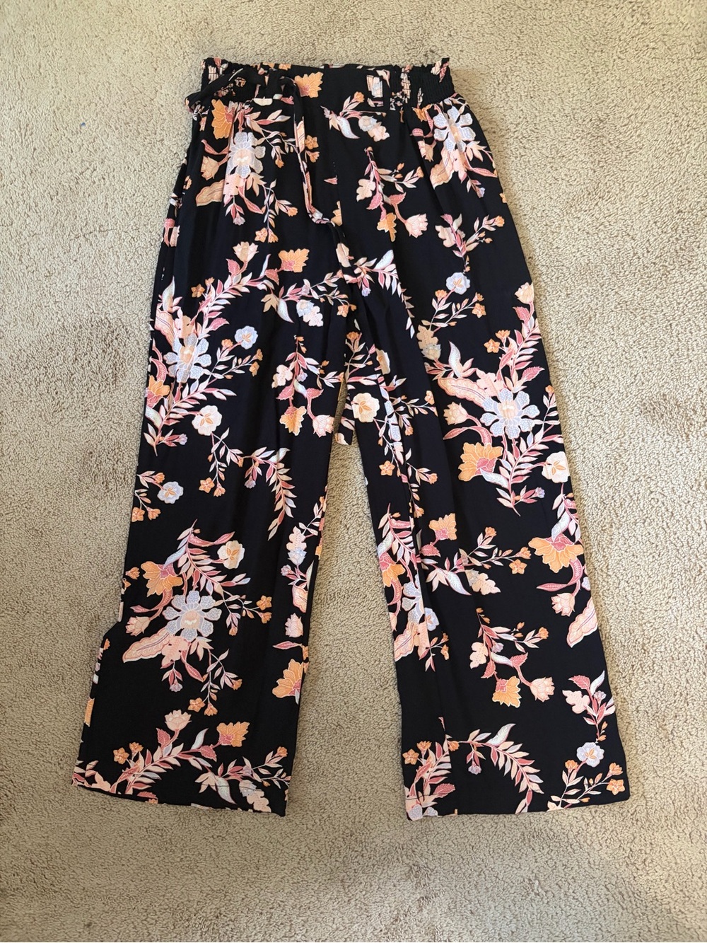 Kids Floral Pants - Black with Pink & Peach Print